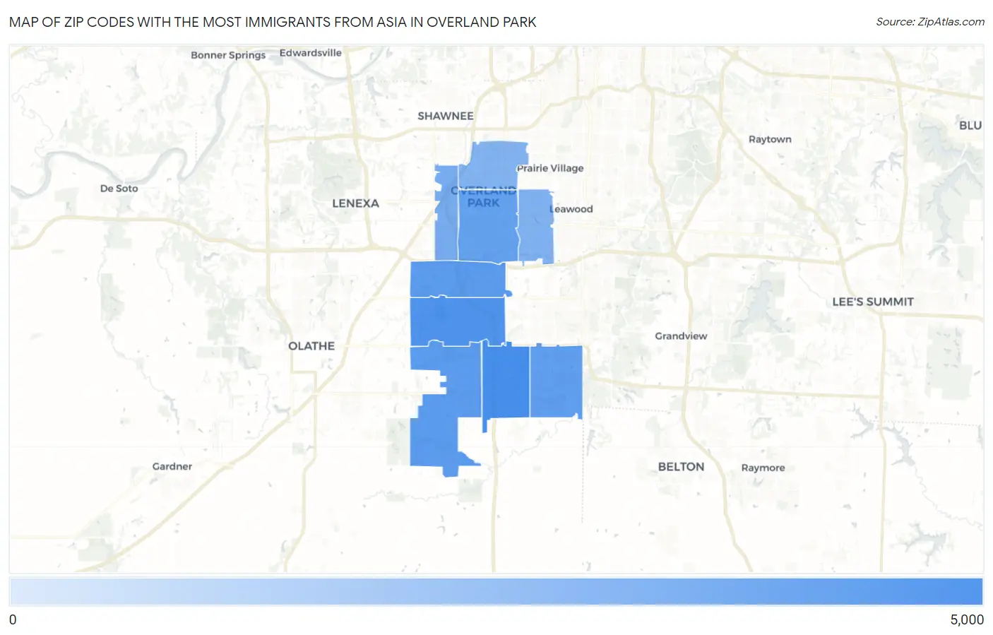 Zip Codes with the Most Immigrants from Asia in Overland Park Map