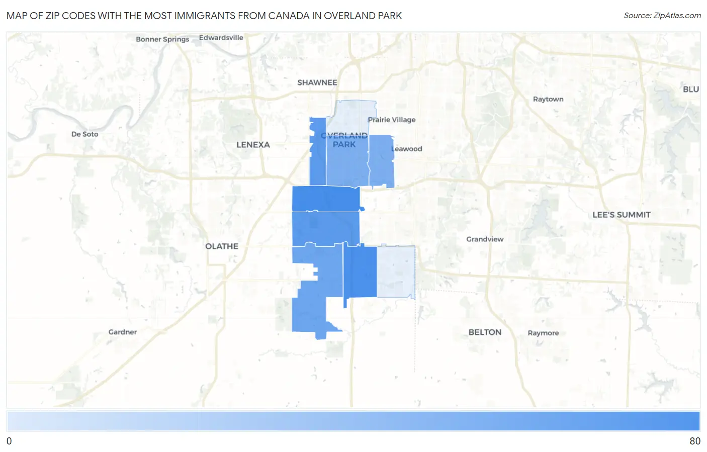 Zip Codes with the Most Immigrants from Canada in Overland Park Map