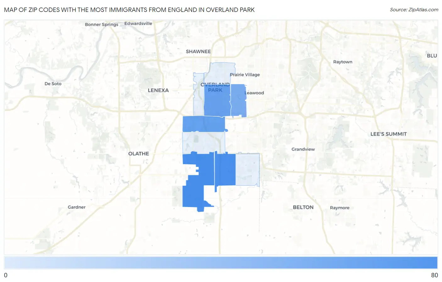 Zip Codes with the Most Immigrants from England in Overland Park Map