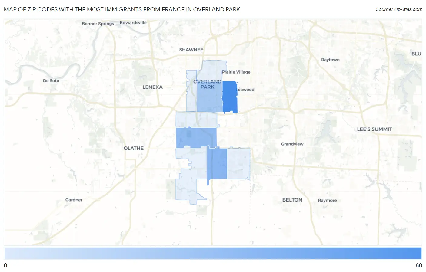Zip Codes with the Most Immigrants from France in Overland Park Map