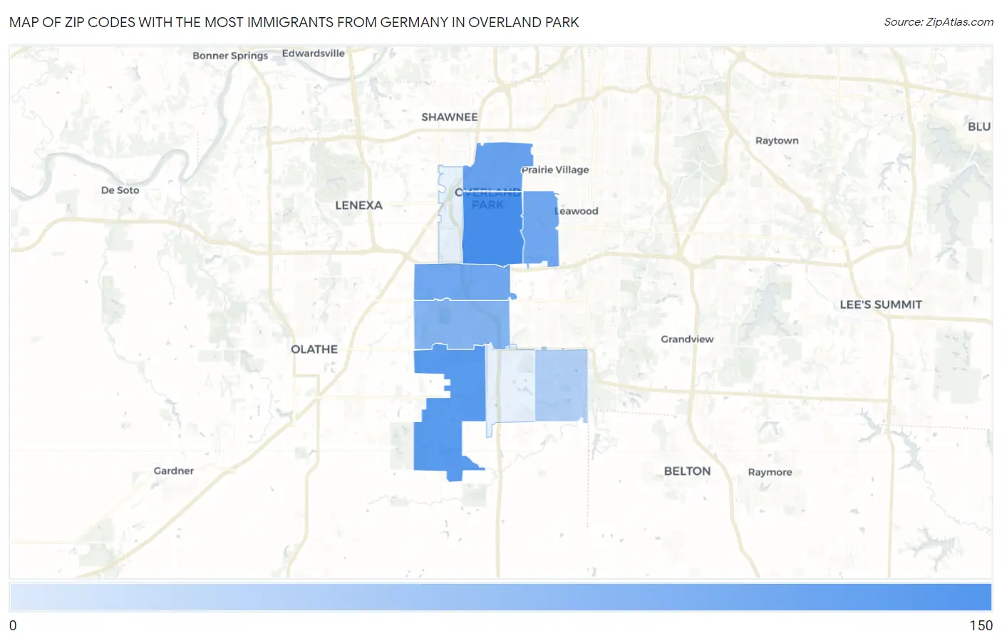 Zip Codes with the Most Immigrants from Germany in Overland Park Map