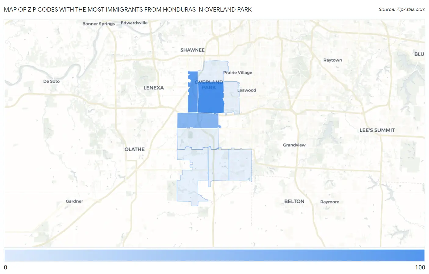 Zip Codes with the Most Immigrants from Honduras in Overland Park Map