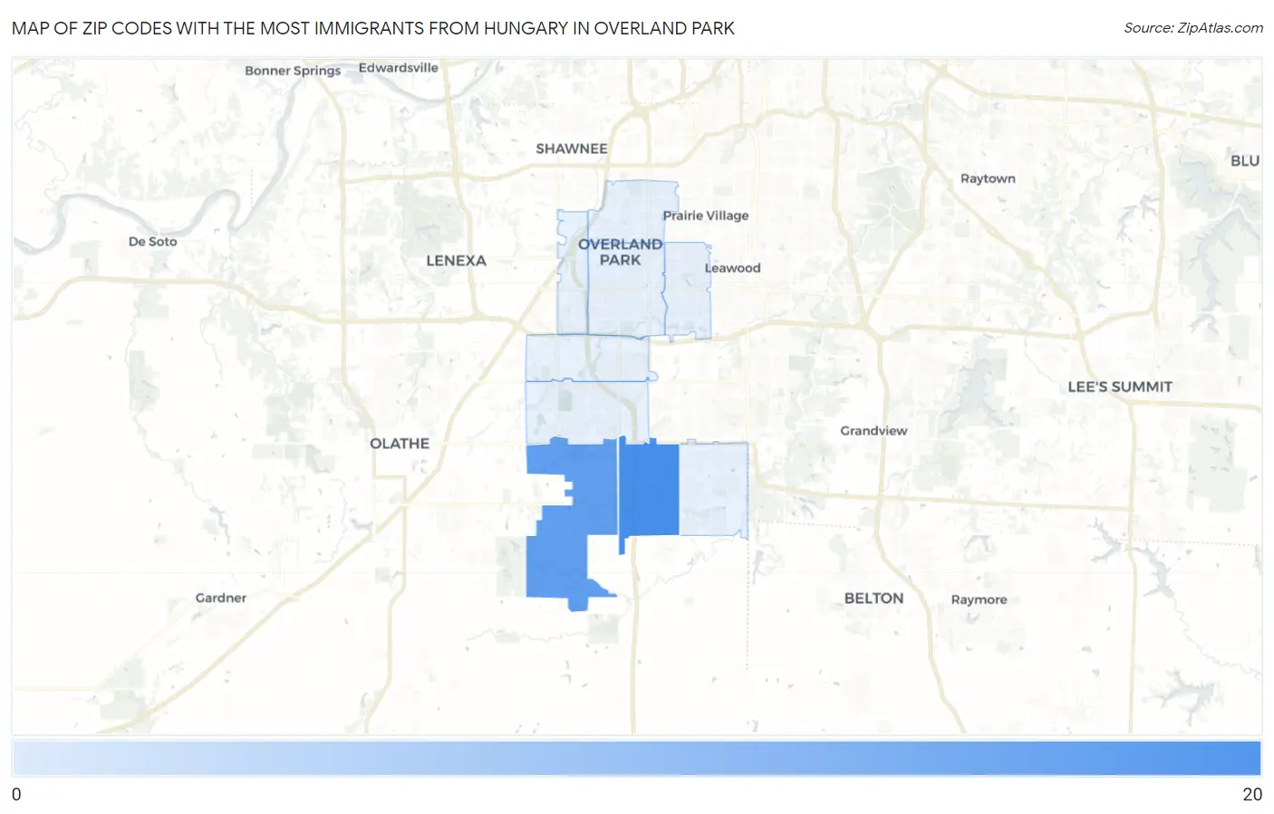 Zip Codes with the Most Immigrants from Hungary in Overland Park Map