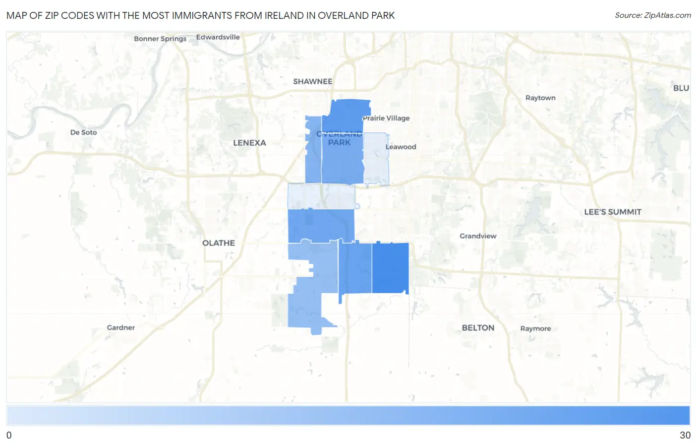 Zip Codes with the Most Immigrants from Ireland in Overland Park Map