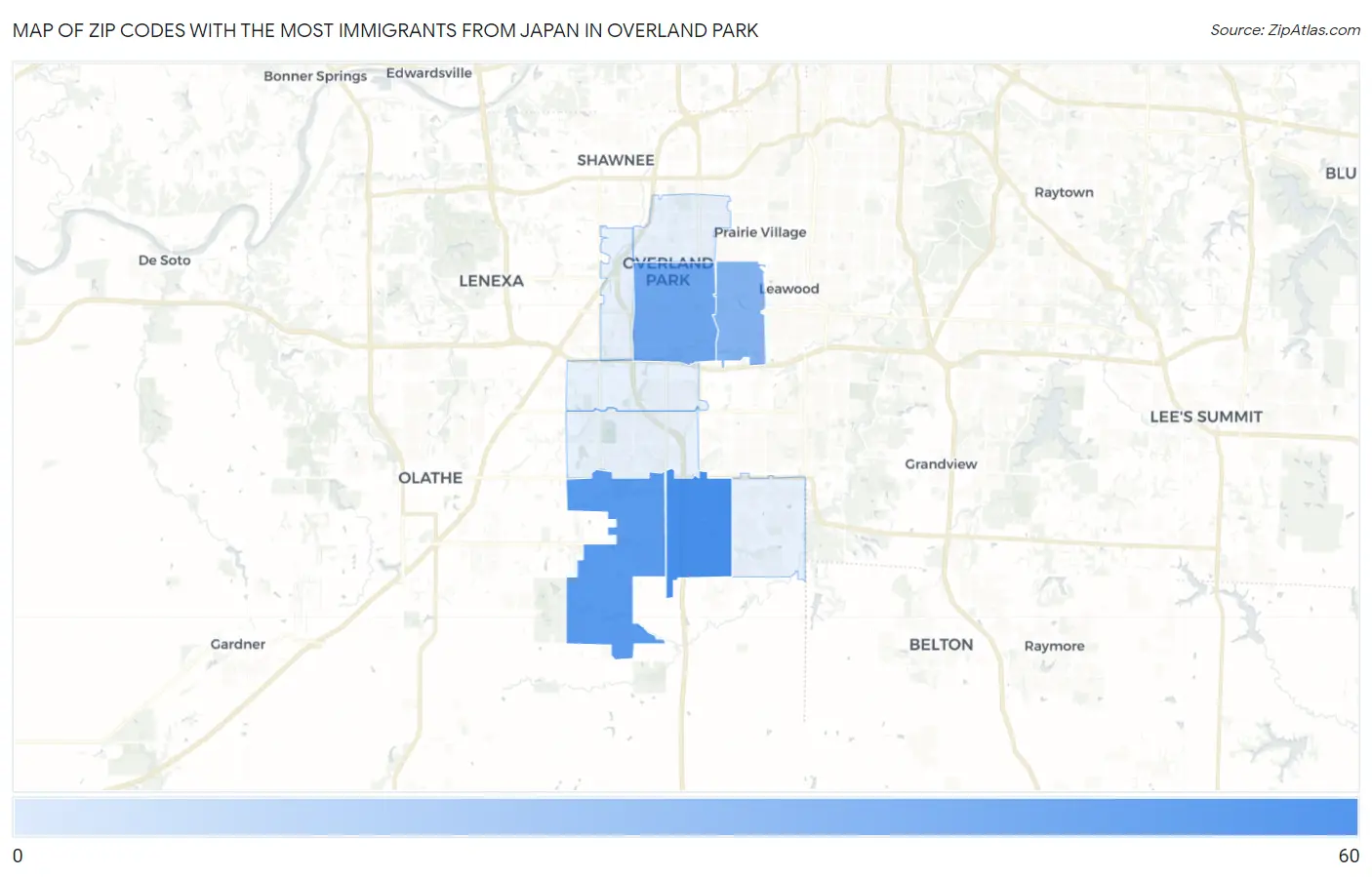 Zip Codes with the Most Immigrants from Japan in Overland Park Map