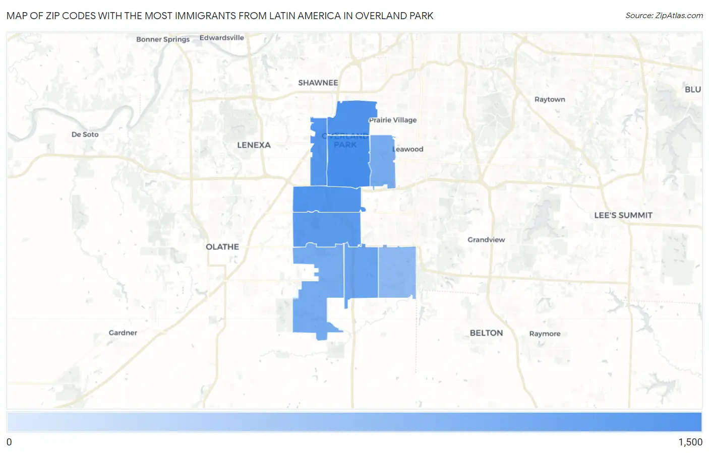 Zip Codes with the Most Immigrants from Latin America in Overland Park Map