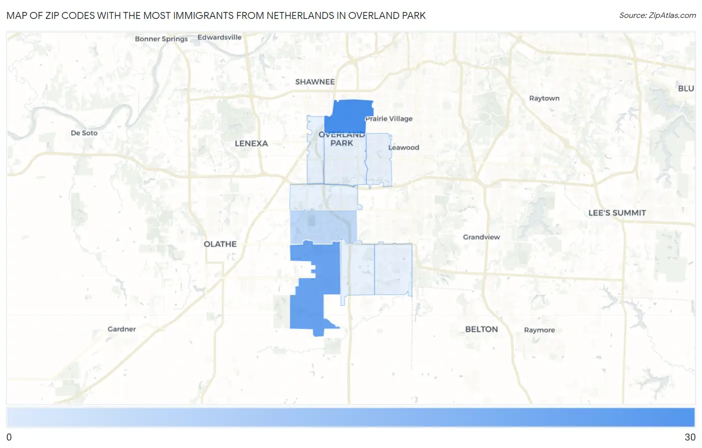 Zip Codes with the Most Immigrants from Netherlands in Overland Park Map