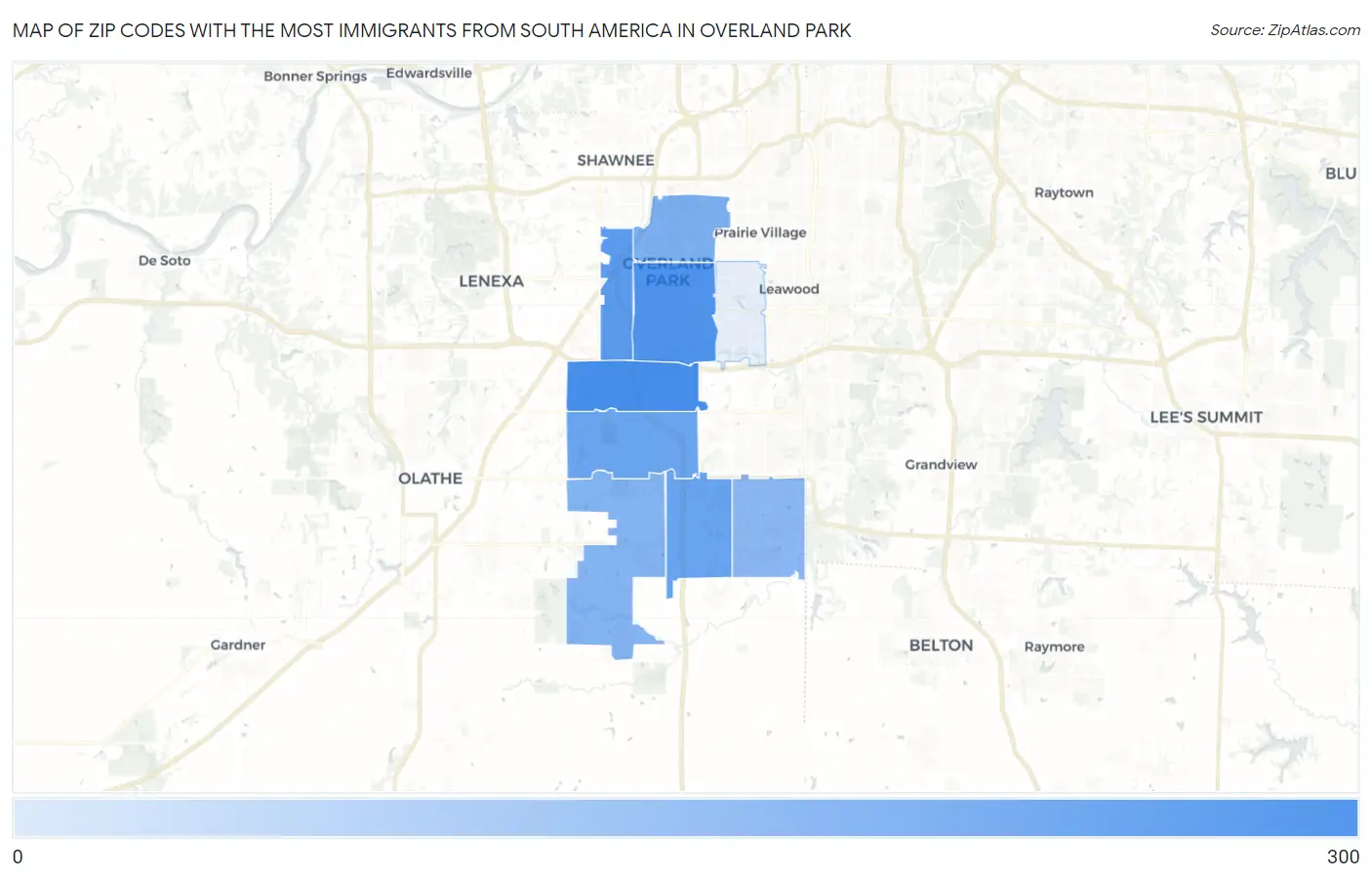 Zip Codes with the Most Immigrants from South America in Overland Park Map