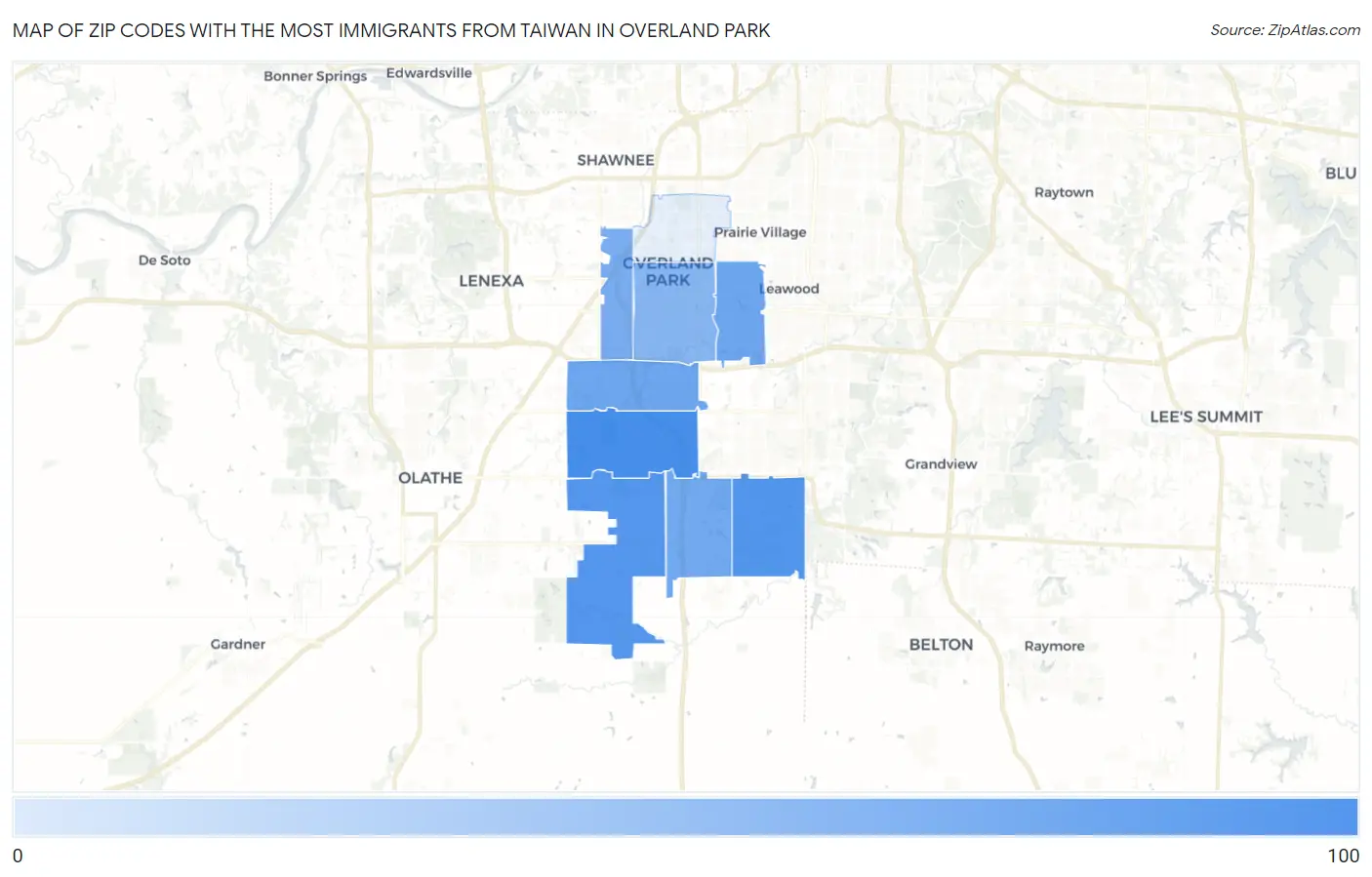 Zip Codes with the Most Immigrants from Taiwan in Overland Park Map