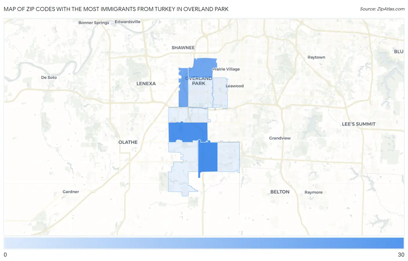 Zip Codes with the Most Immigrants from Turkey in Overland Park Map
