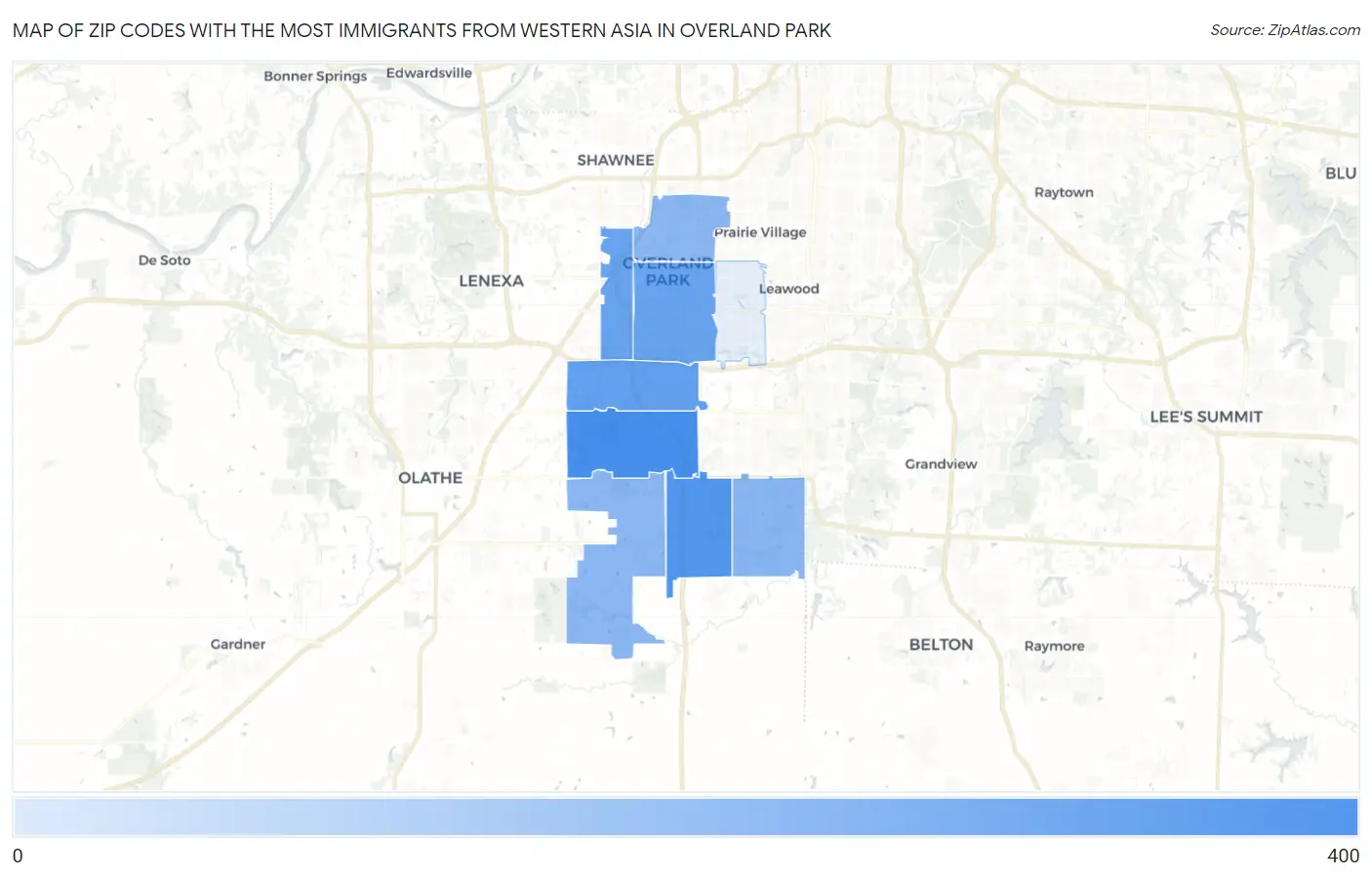 Zip Codes with the Most Immigrants from Western Asia in Overland Park Map