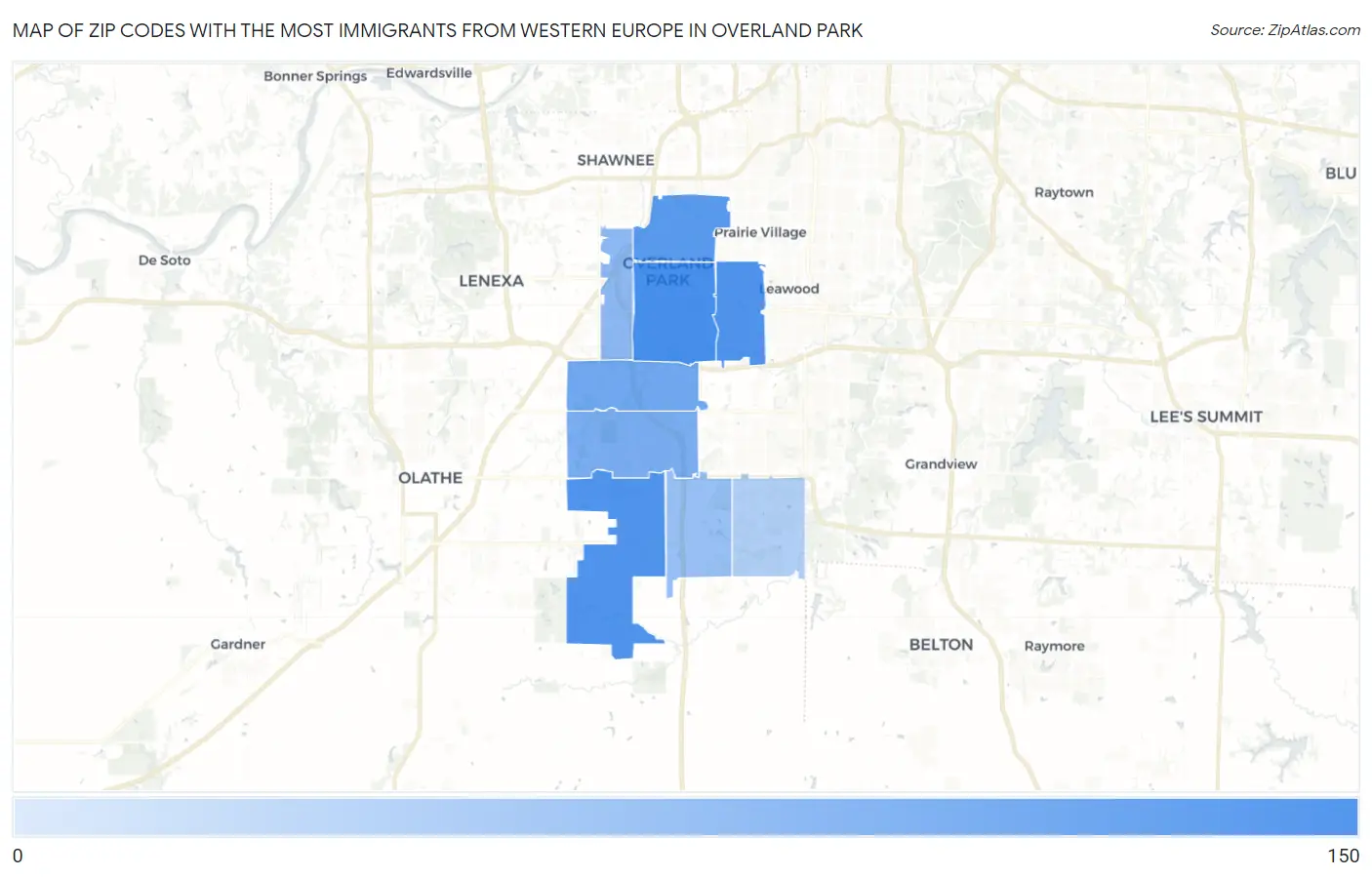 Zip Codes with the Most Immigrants from Western Europe in Overland Park Map