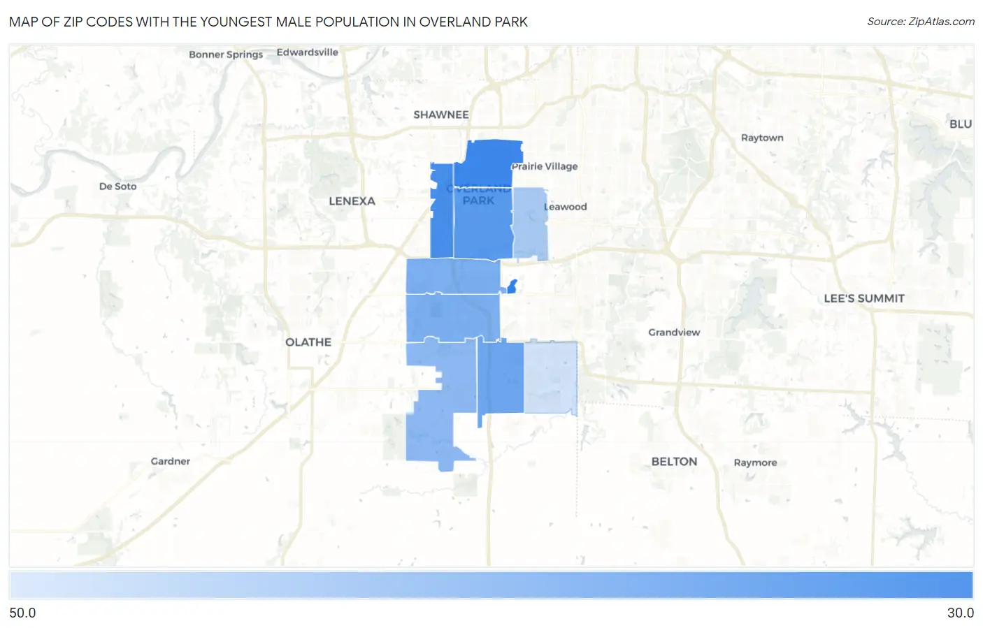Zip Codes with the Youngest Male Population in Overland Park Map