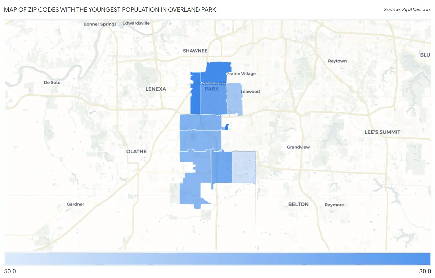 Zip Codes with the Youngest Population in Overland Park Map