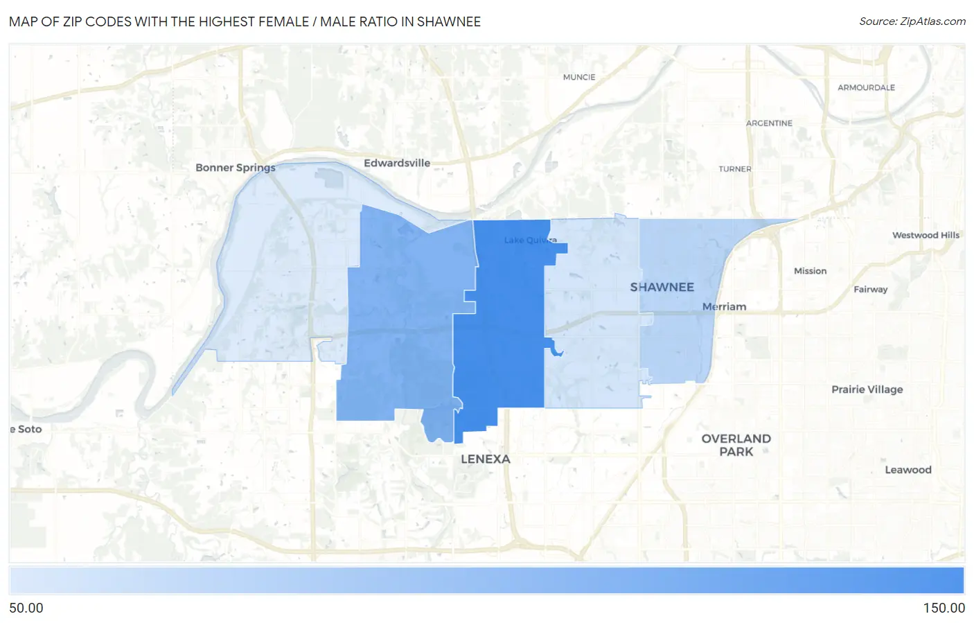 Zip Codes with the Highest Female / Male Ratio in Shawnee Map