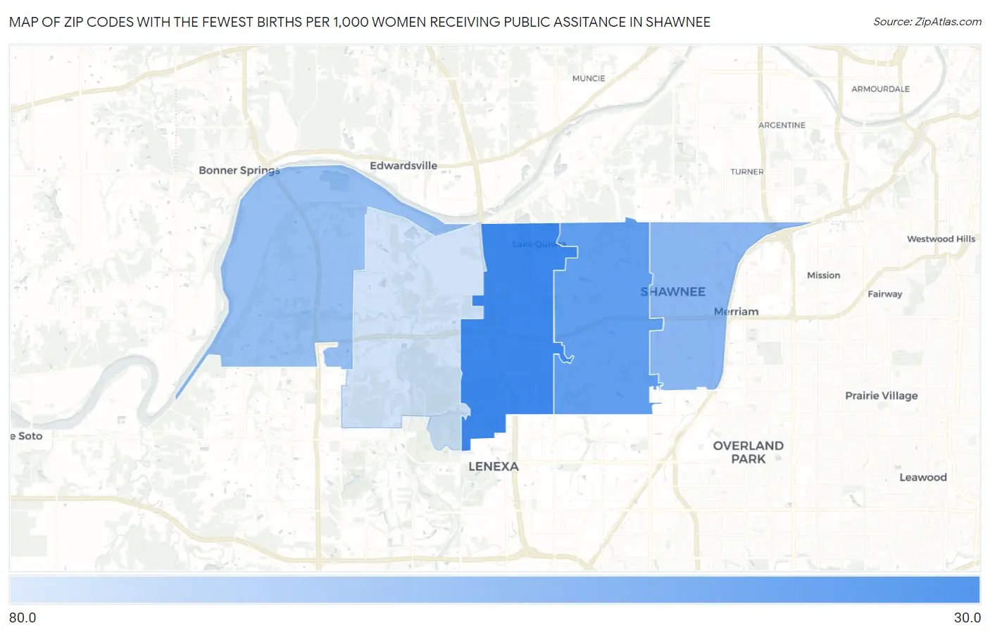 Zip Codes with the Fewest Births per 1,000 Women Receiving Public Assitance in Shawnee Map