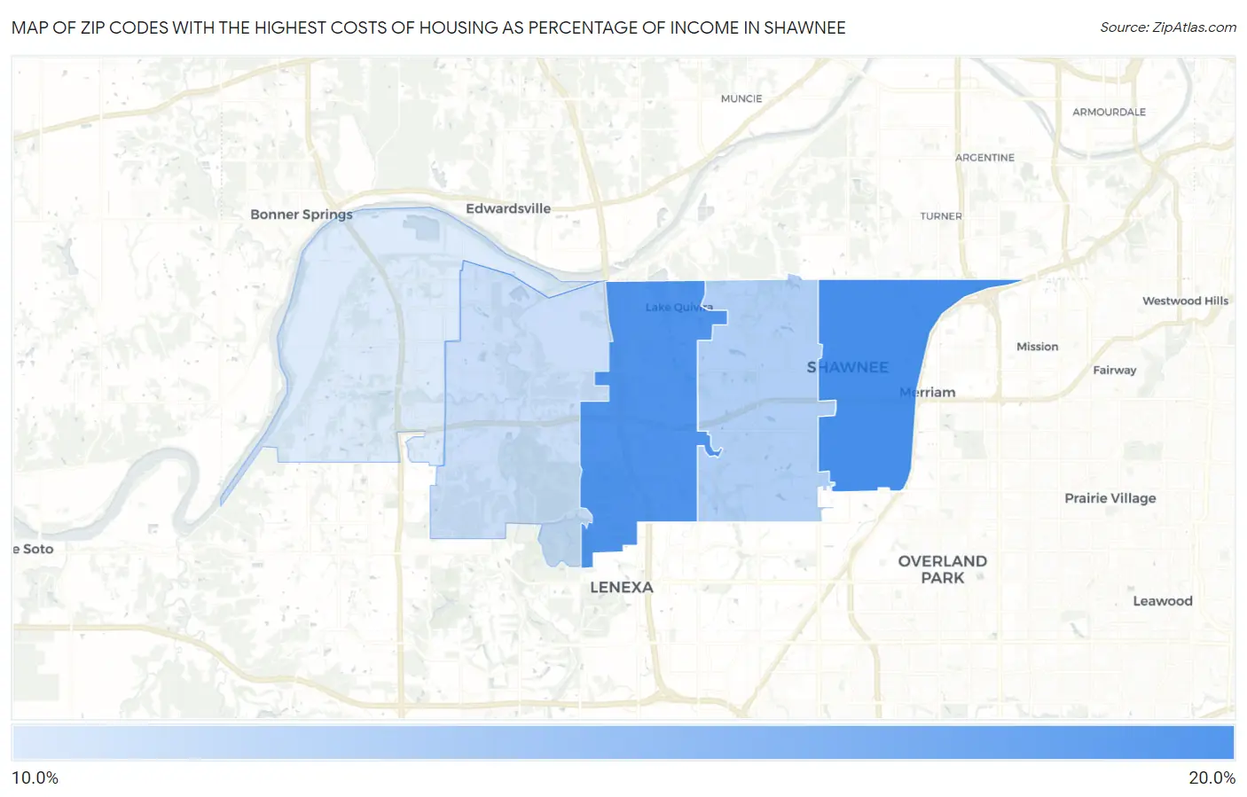 Zip Codes with the Highest Costs of Housing as Percentage of Income in Shawnee Map