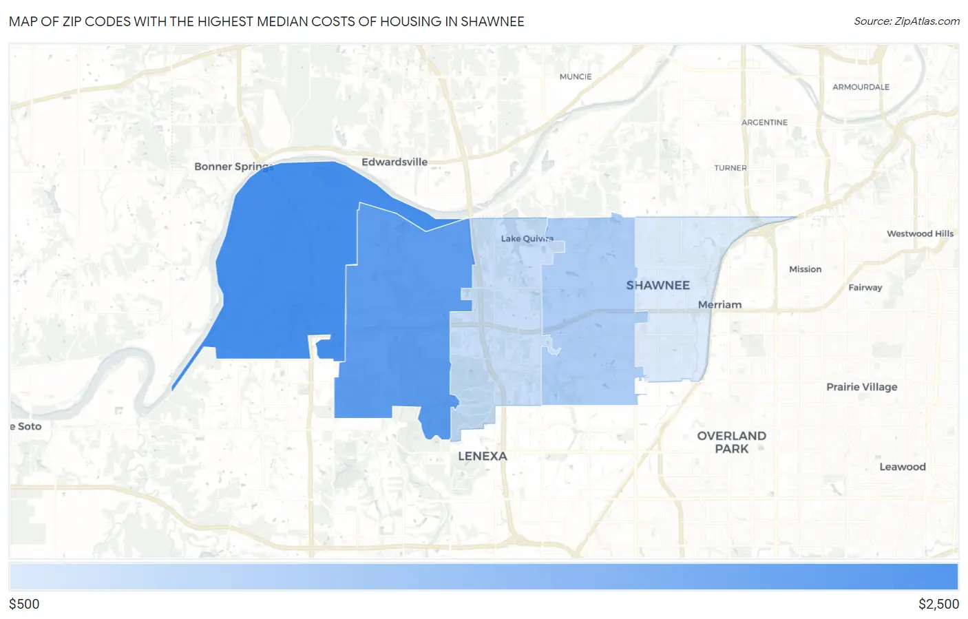 Zip Codes with the Highest Median Costs of Housing in Shawnee Map