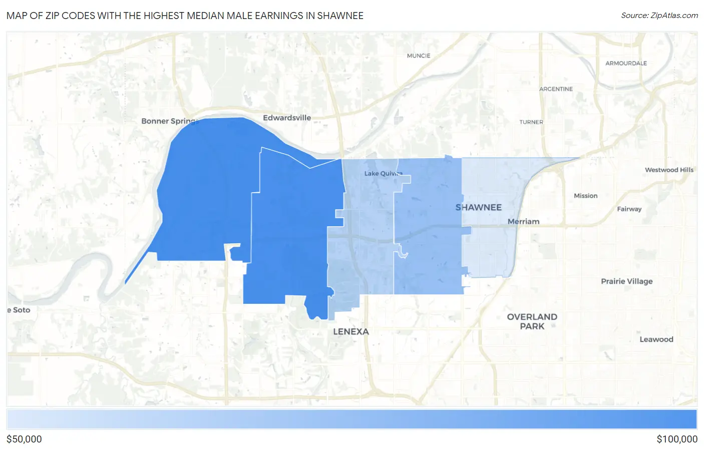 Zip Codes with the Highest Median Male Earnings in Shawnee Map