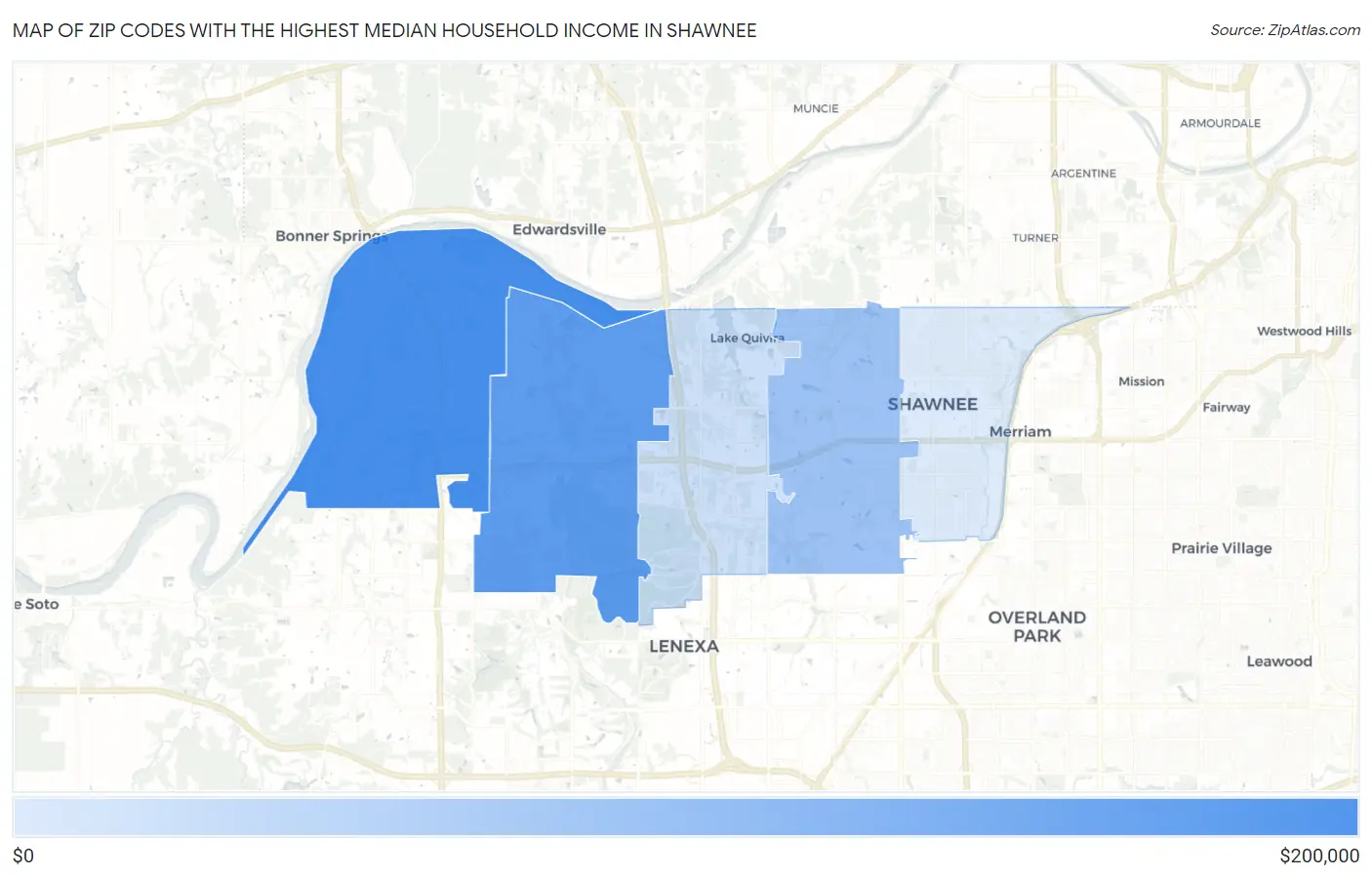 Zip Codes with the Highest Median Household Income in Shawnee Map
