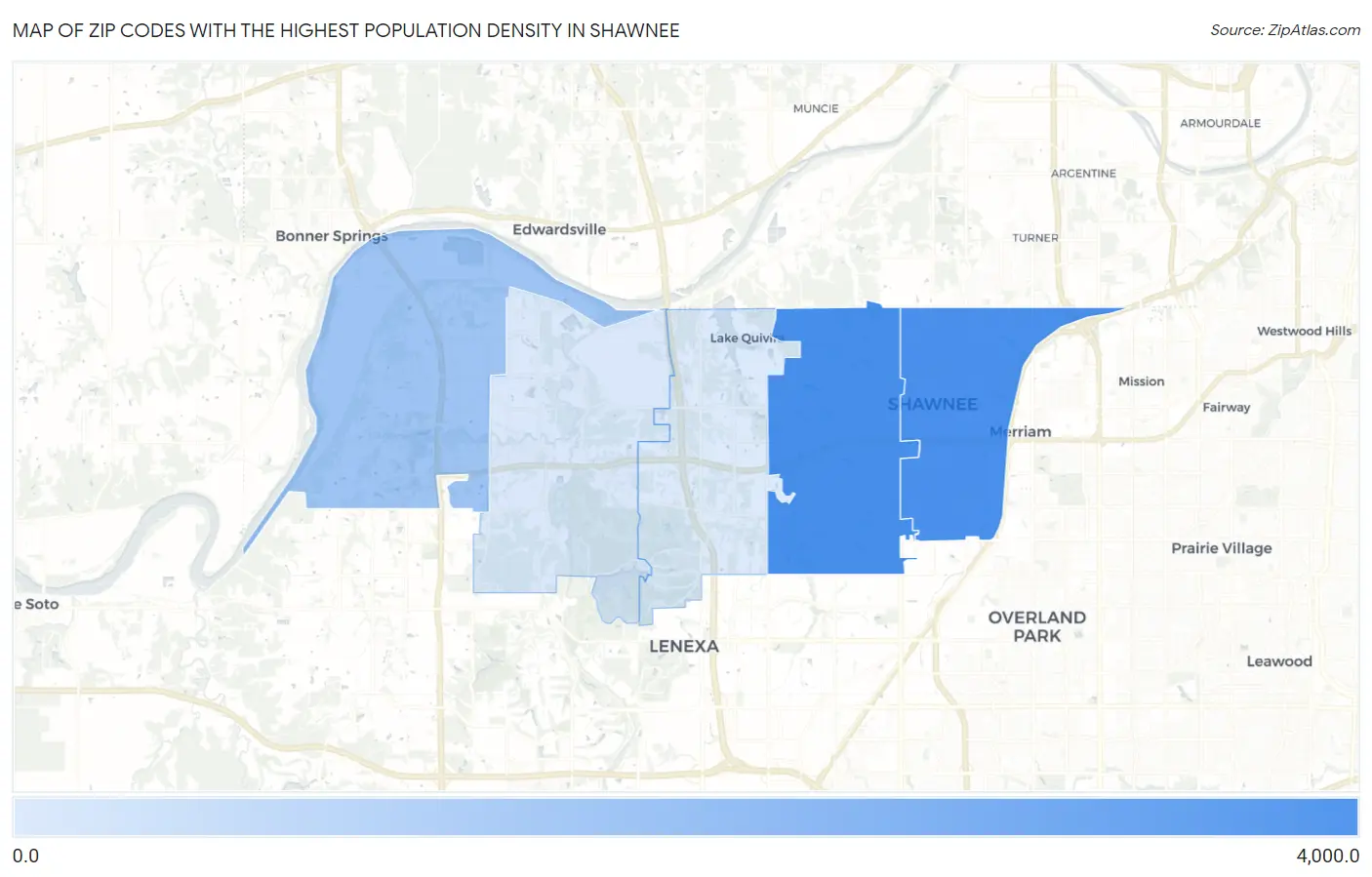 Zip Codes with the Highest Population Density in Shawnee Map