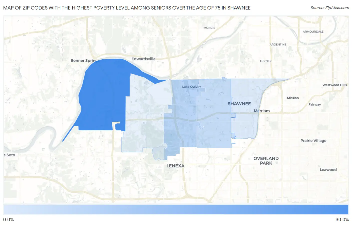 Zip Codes with the Highest Poverty Level Among Seniors Over the Age of 75 in Shawnee Map
