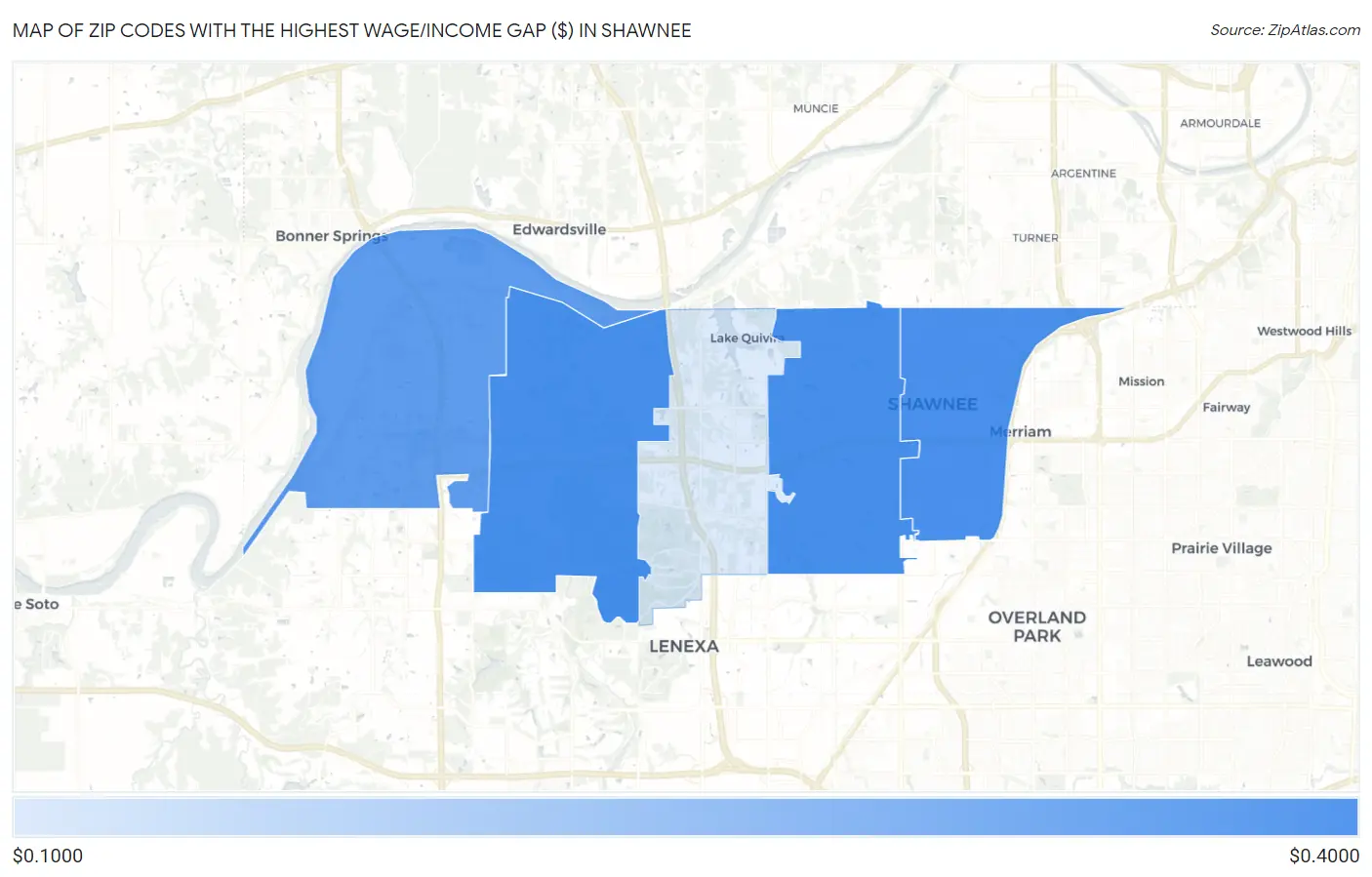 Zip Codes with the Highest Wage/Income Gap ($) in Shawnee Map