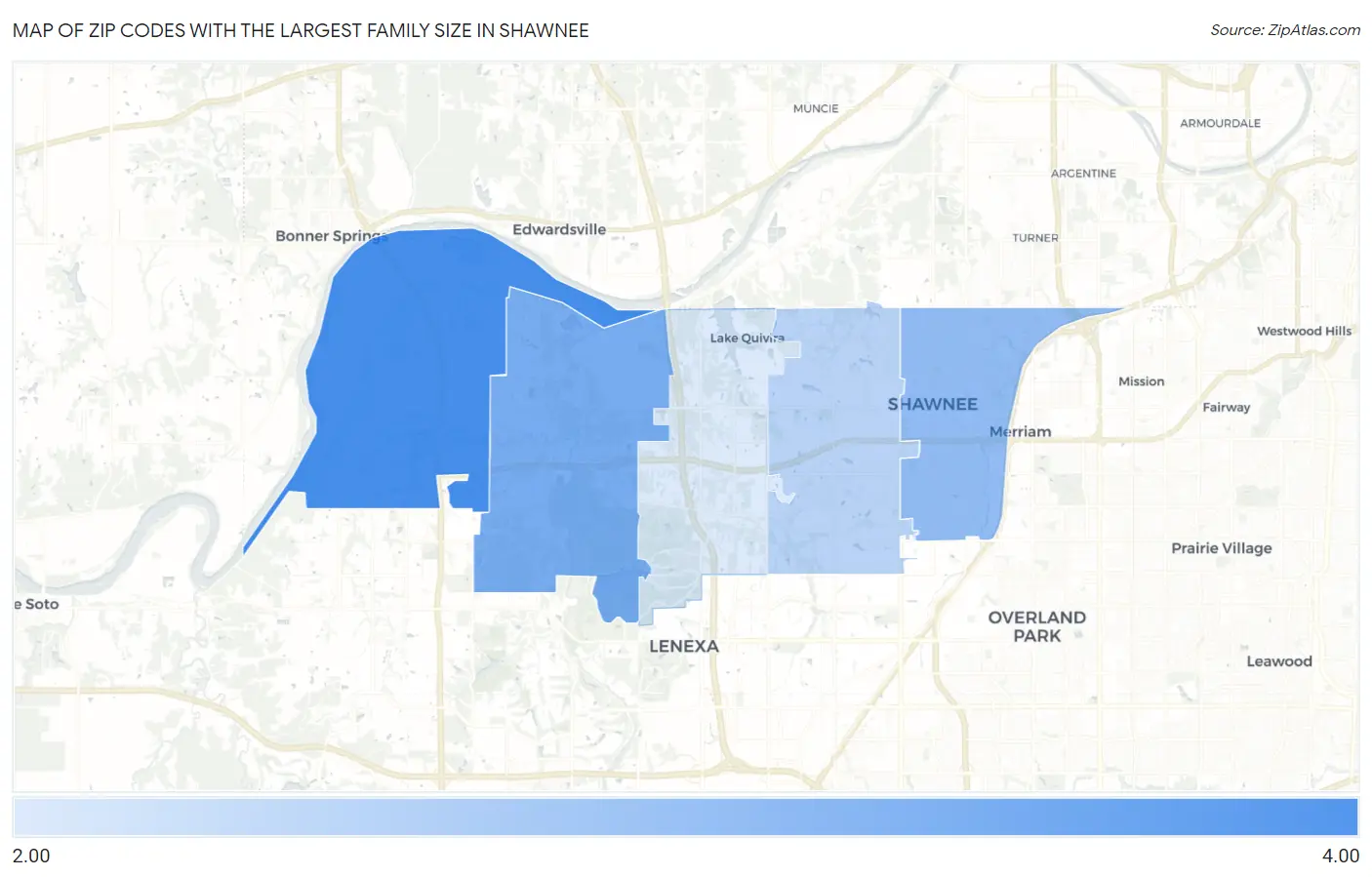 Zip Codes with the Largest Family Size in Shawnee Map