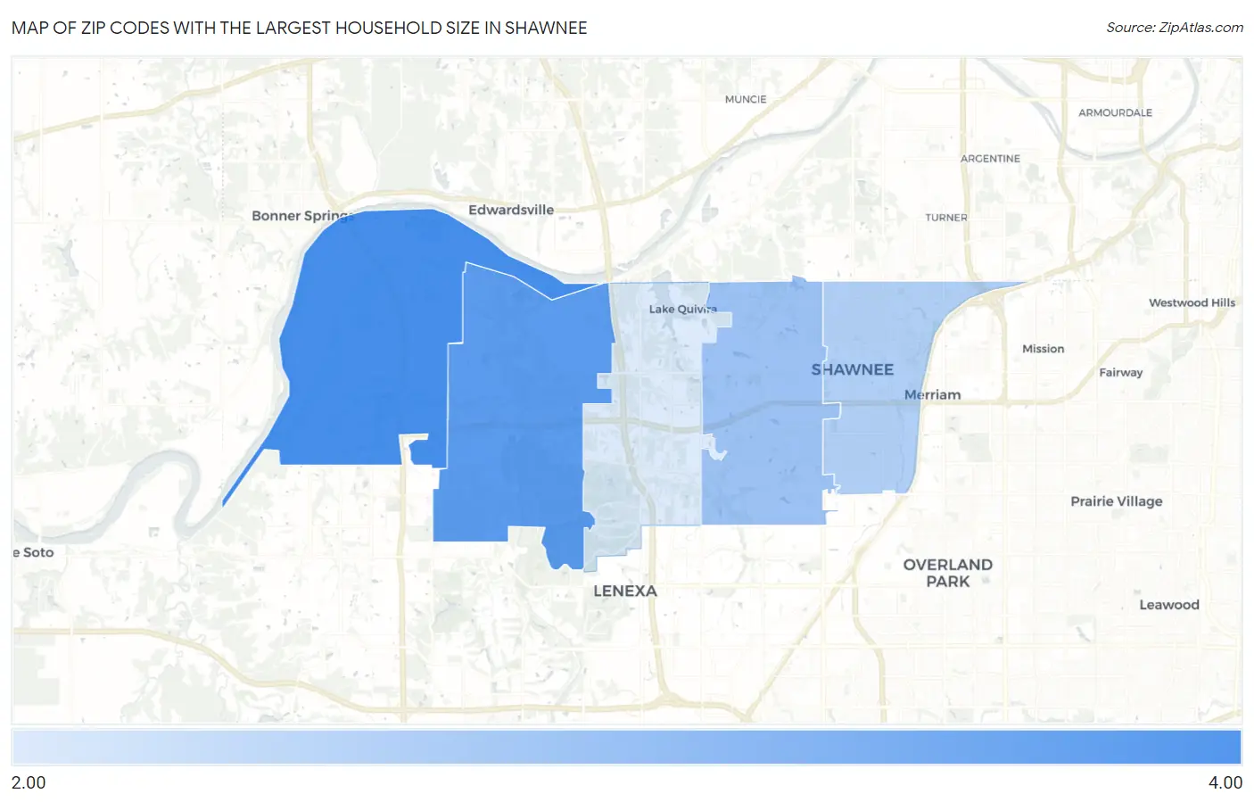 Zip Codes with the Largest Household Size in Shawnee Map