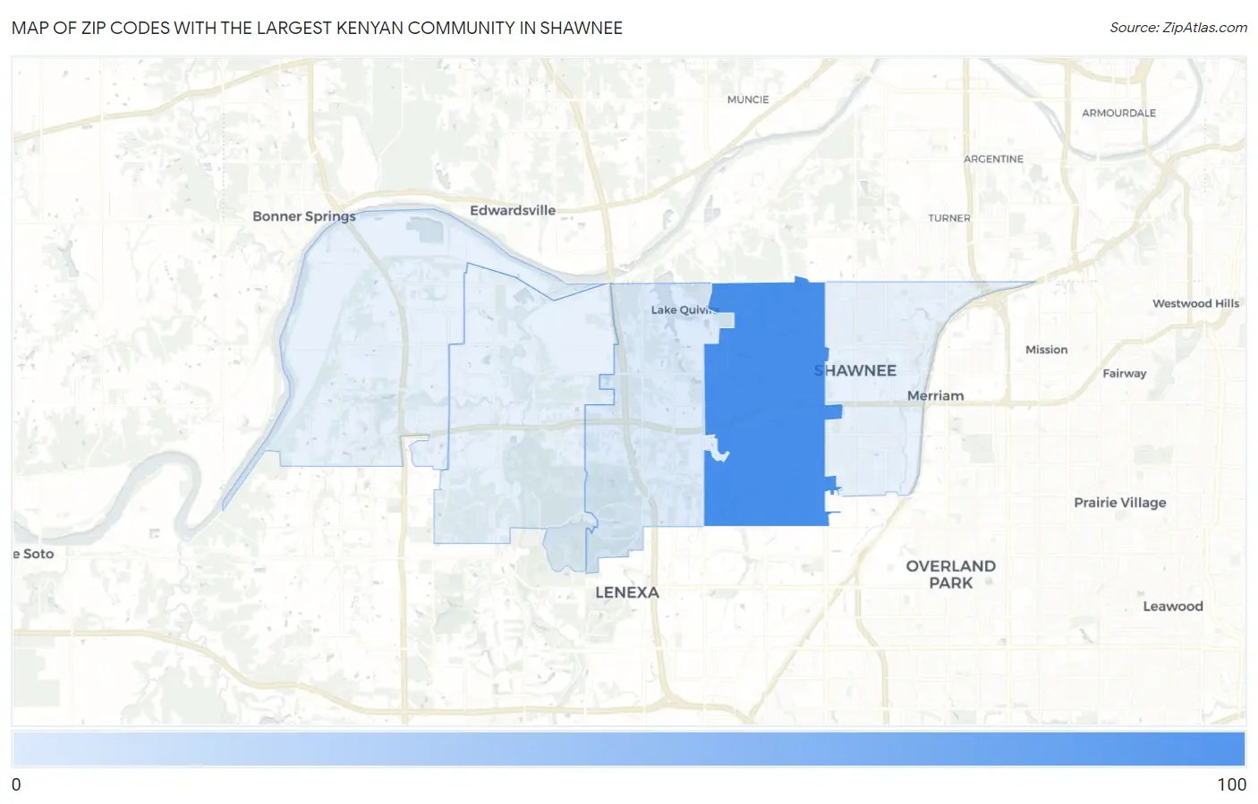 Zip Codes with the Largest Kenyan Community in Shawnee Map