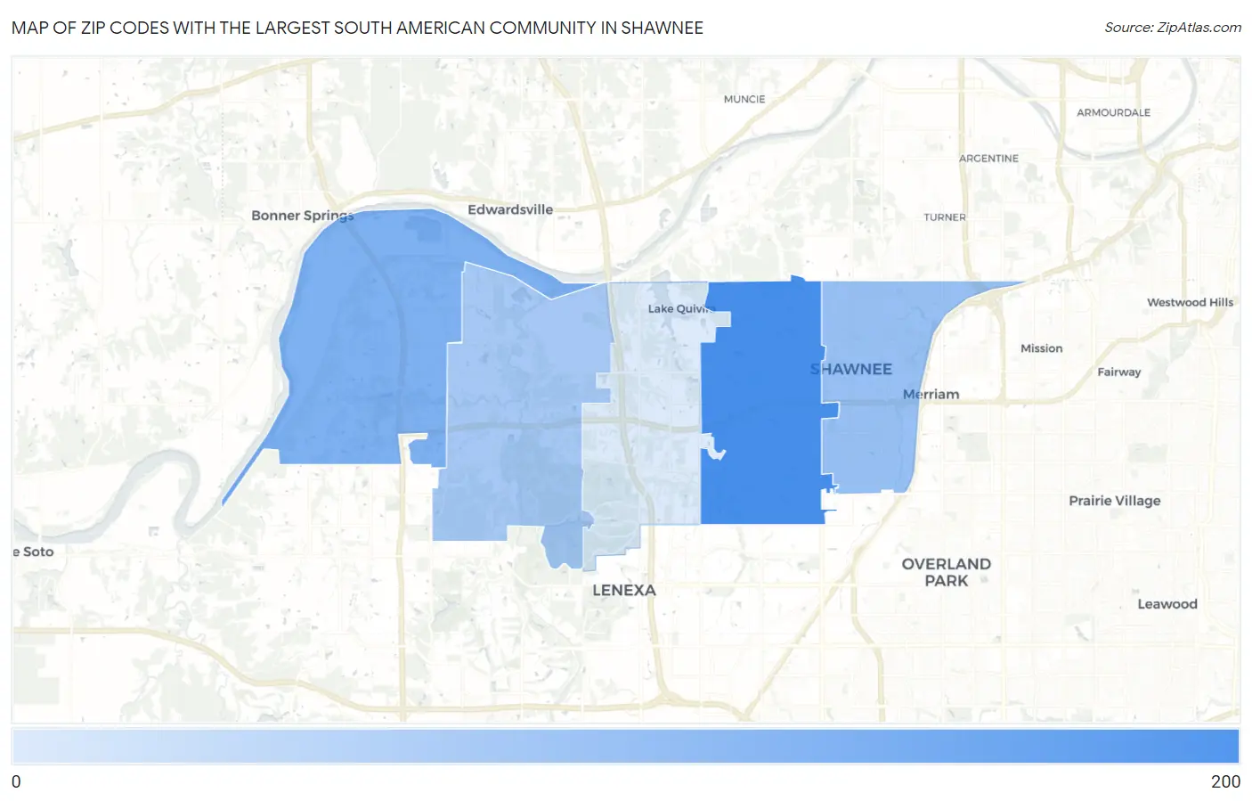 Zip Codes with the Largest South American Community in Shawnee Map