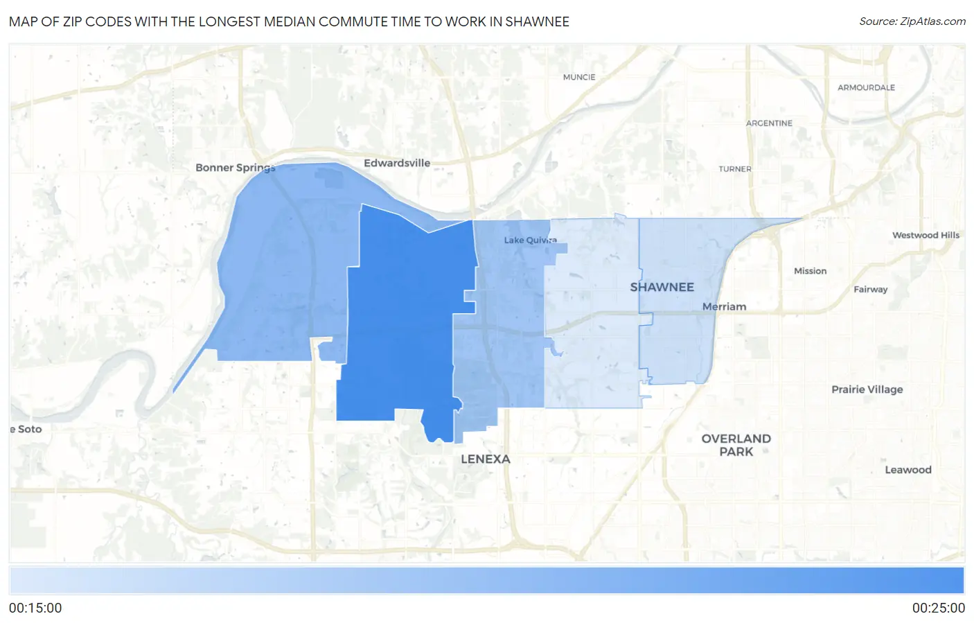 Zip Codes with the Longest Median Commute Time to Work in Shawnee Map