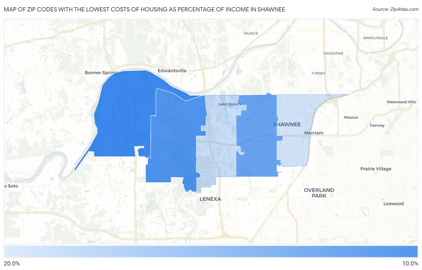 Zip Codes with the Lowest Costs of Housing as Percentage of Income in Shawnee Map
