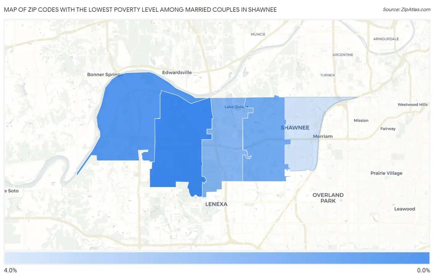 Zip Codes with the Lowest Poverty Level Among Married Couples in Shawnee Map