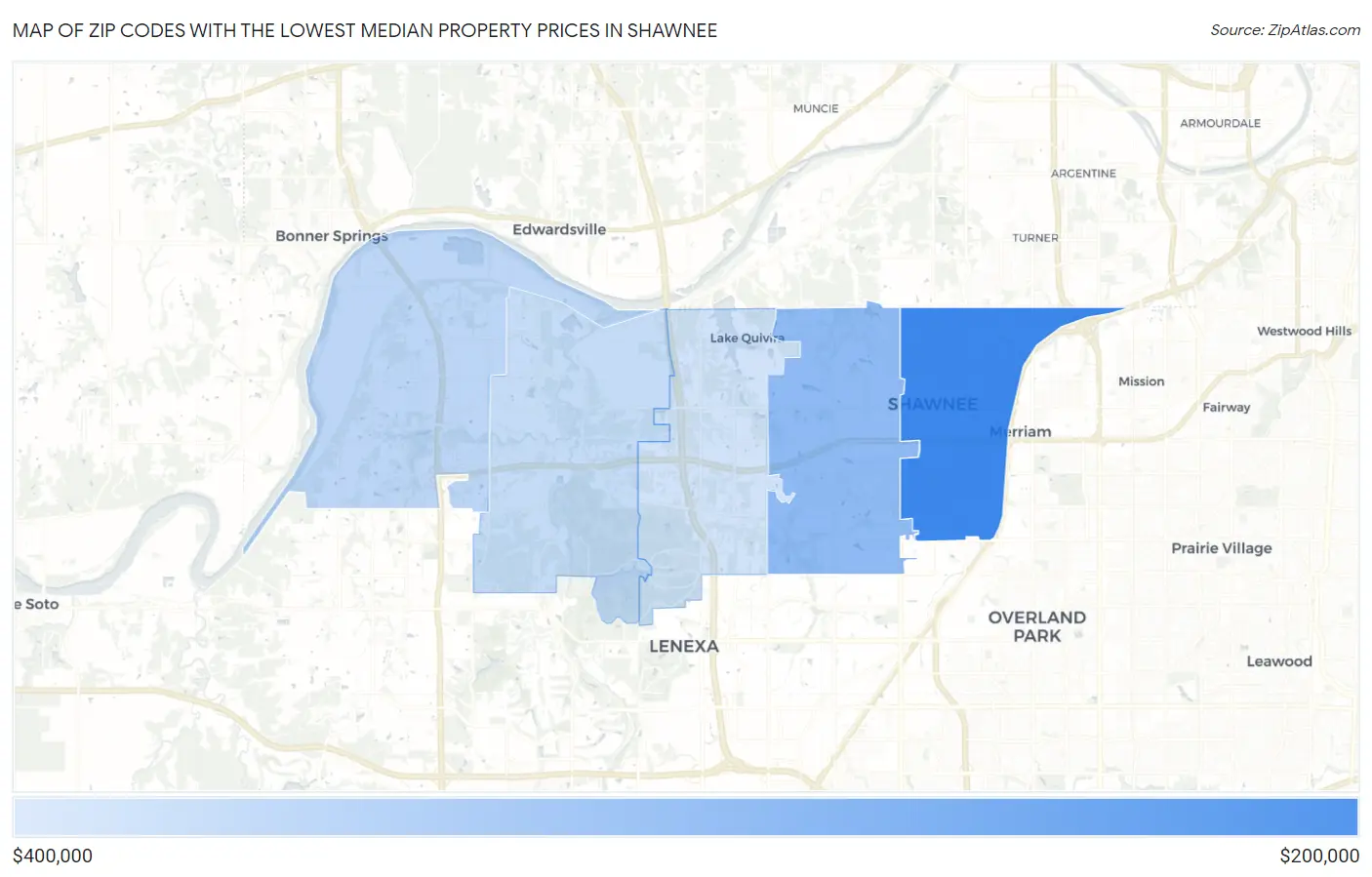 Zip Codes with the Lowest Median Property Prices in Shawnee Map