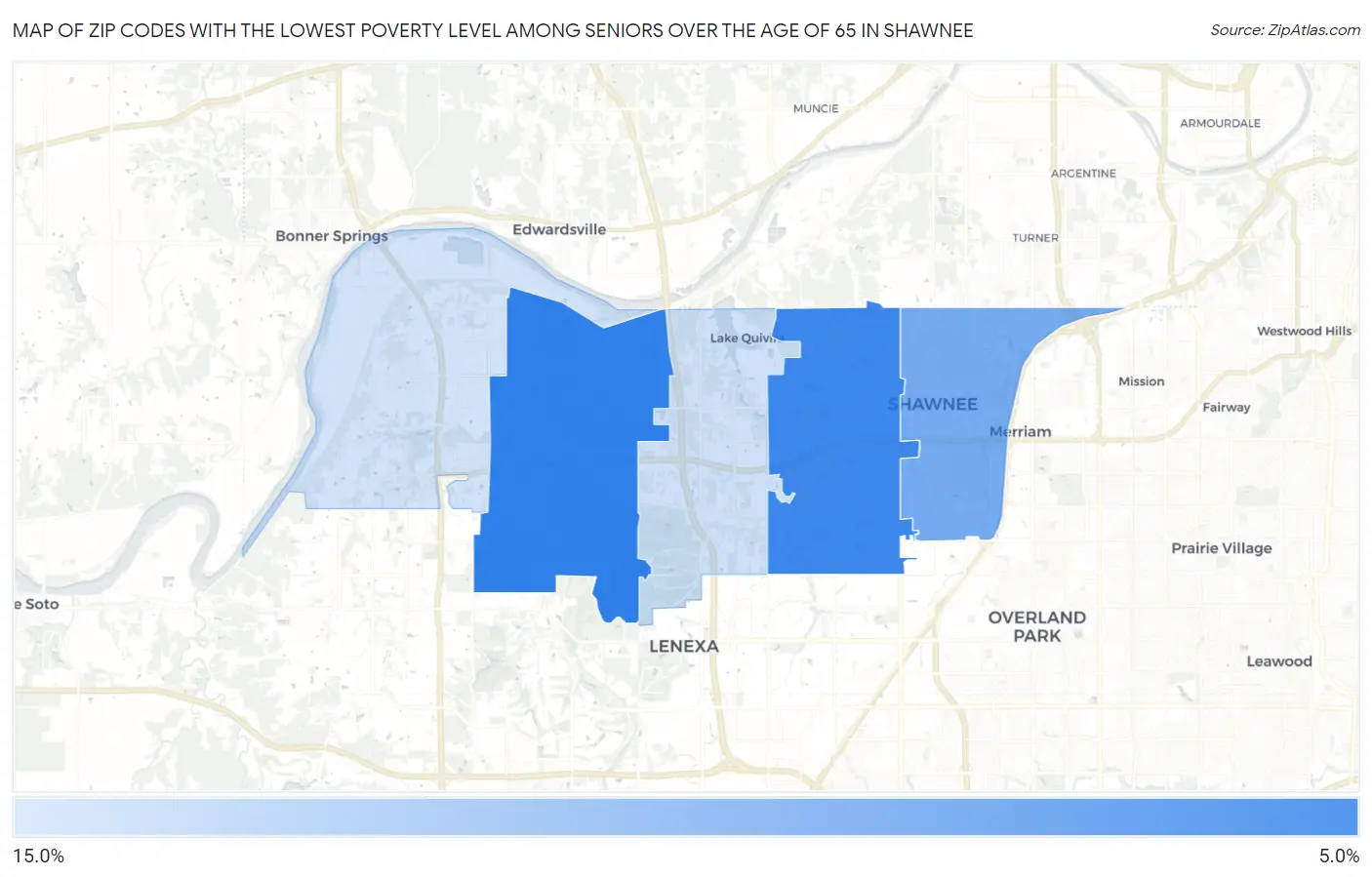Zip Codes with the Lowest Poverty Level Among Seniors Over the Age of 65 in Shawnee Map