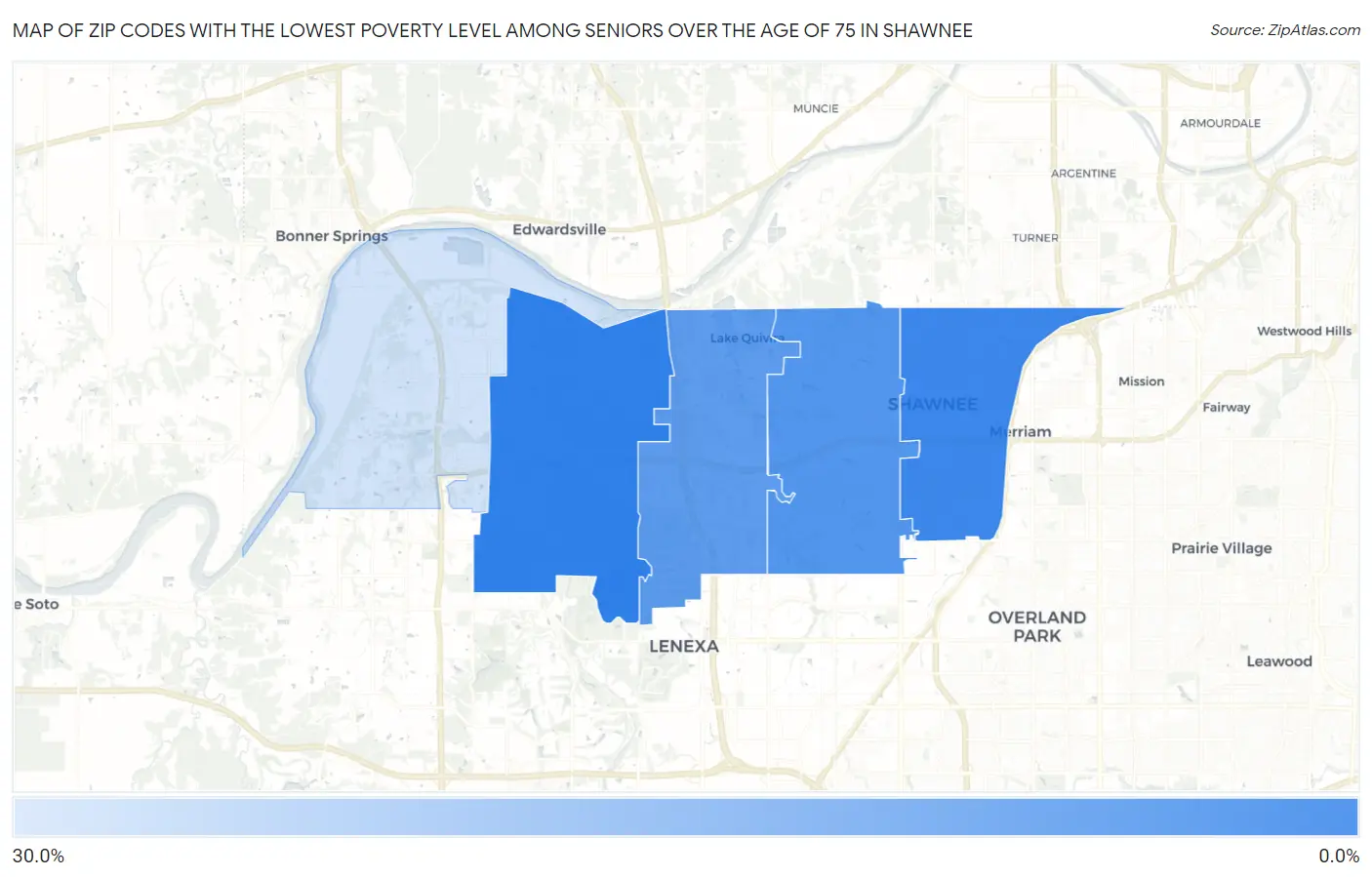 Zip Codes with the Lowest Poverty Level Among Seniors Over the Age of 75 in Shawnee Map