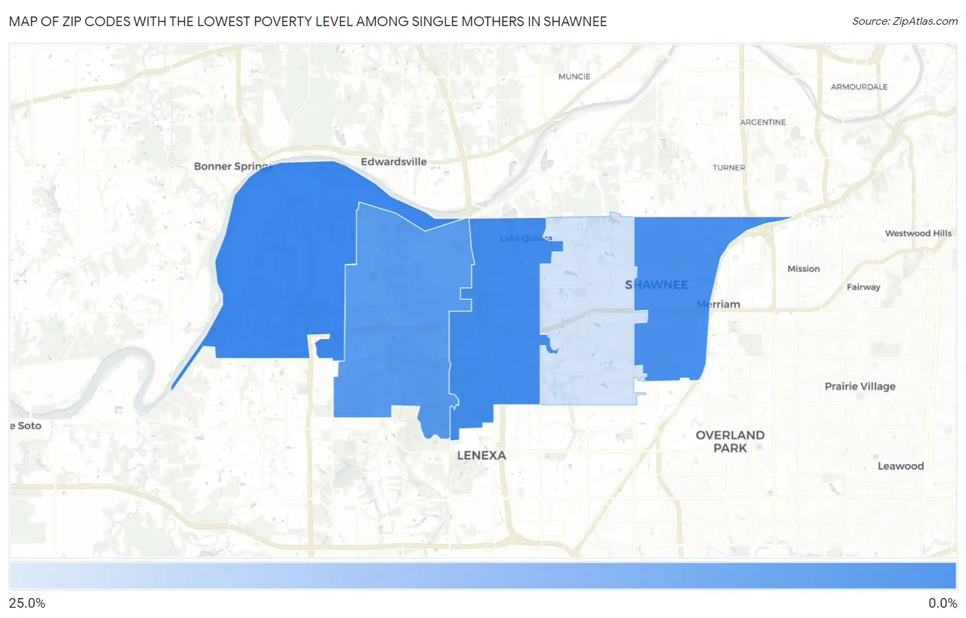 Zip Codes with the Lowest Poverty Level Among Single Mothers in Shawnee Map