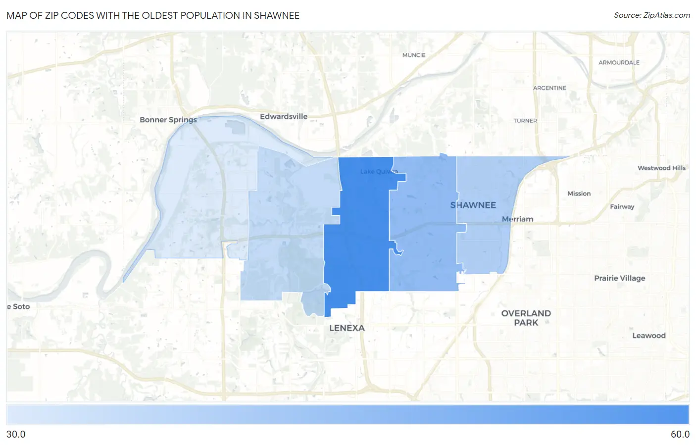Zip Codes with the Oldest Population in Shawnee Map