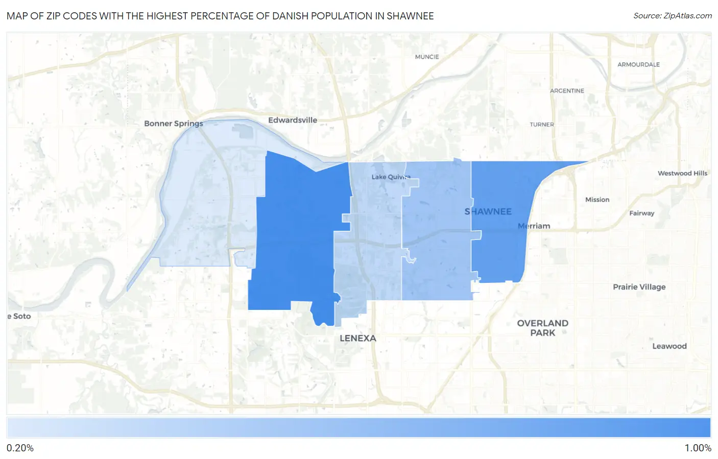 Zip Codes with the Highest Percentage of Danish Population in Shawnee Map