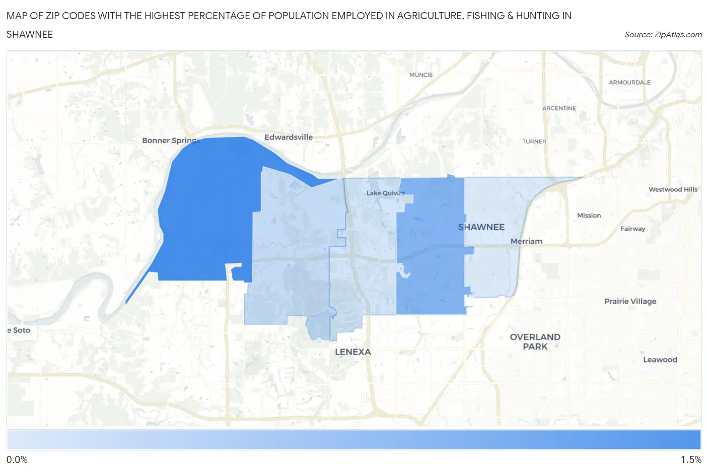 Zip Codes with the Highest Percentage of Population Employed in Agriculture, Fishing & Hunting in Shawnee Map