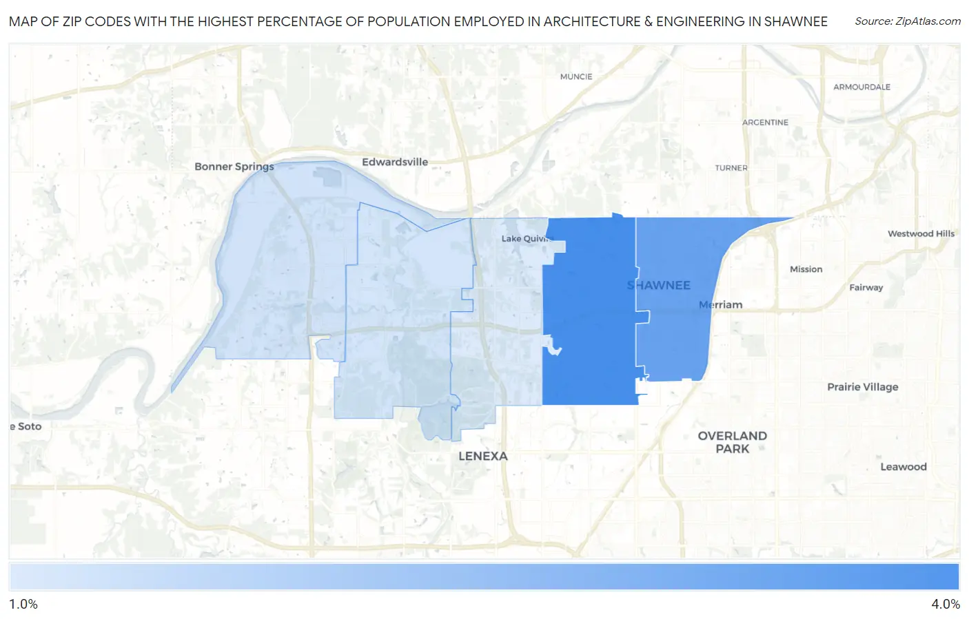 Zip Codes with the Highest Percentage of Population Employed in Architecture & Engineering in Shawnee Map