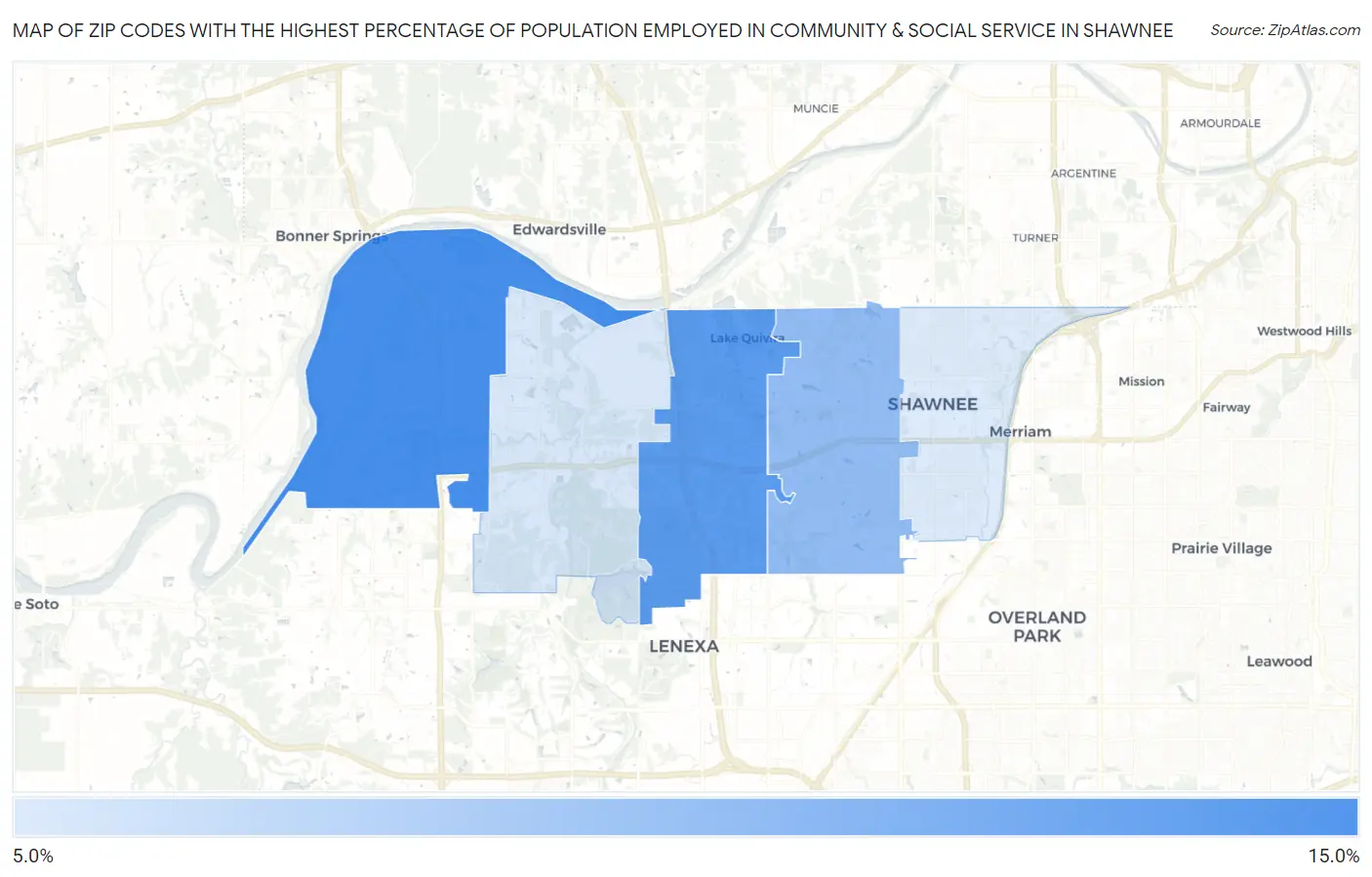 Zip Codes with the Highest Percentage of Population Employed in Community & Social Service  in Shawnee Map