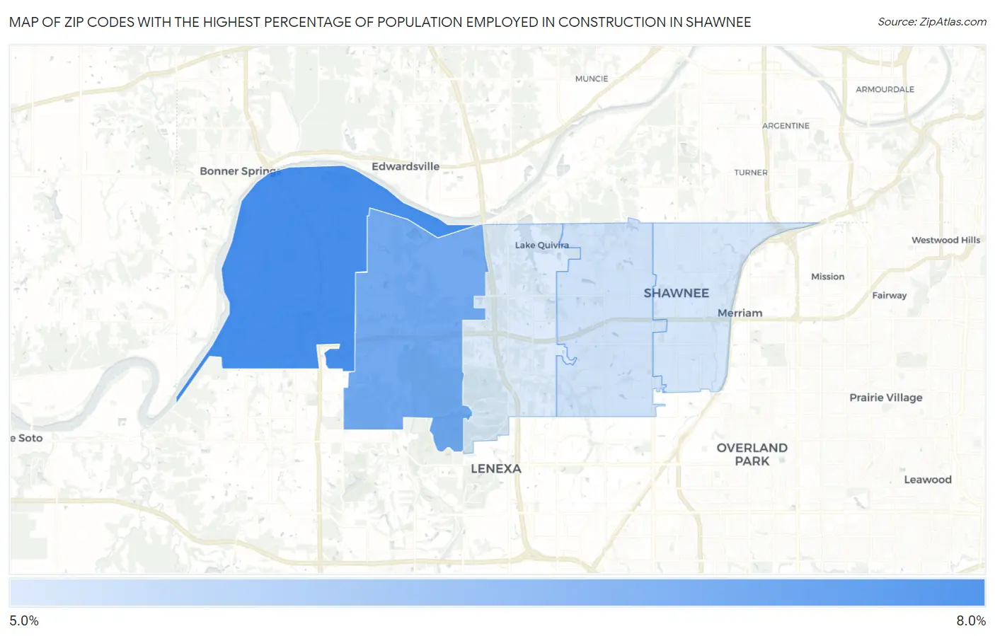 Zip Codes with the Highest Percentage of Population Employed in Construction in Shawnee Map