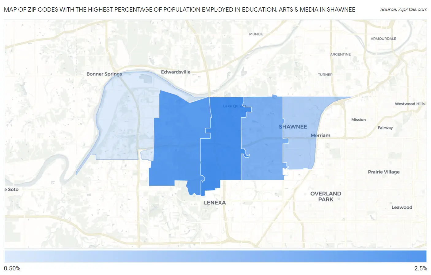 Zip Codes with the Highest Percentage of Population Employed in Education, Arts & Media in Shawnee Map