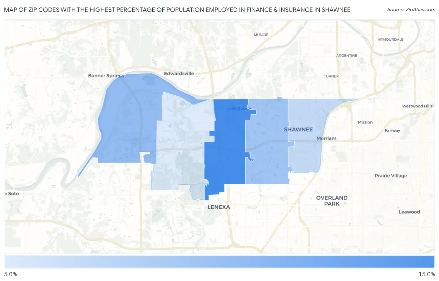 Zip Codes with the Highest Percentage of Population Employed in Finance & Insurance in Shawnee Map