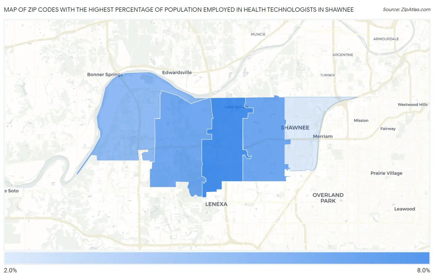 Zip Codes with the Highest Percentage of Population Employed in Health Technologists in Shawnee Map