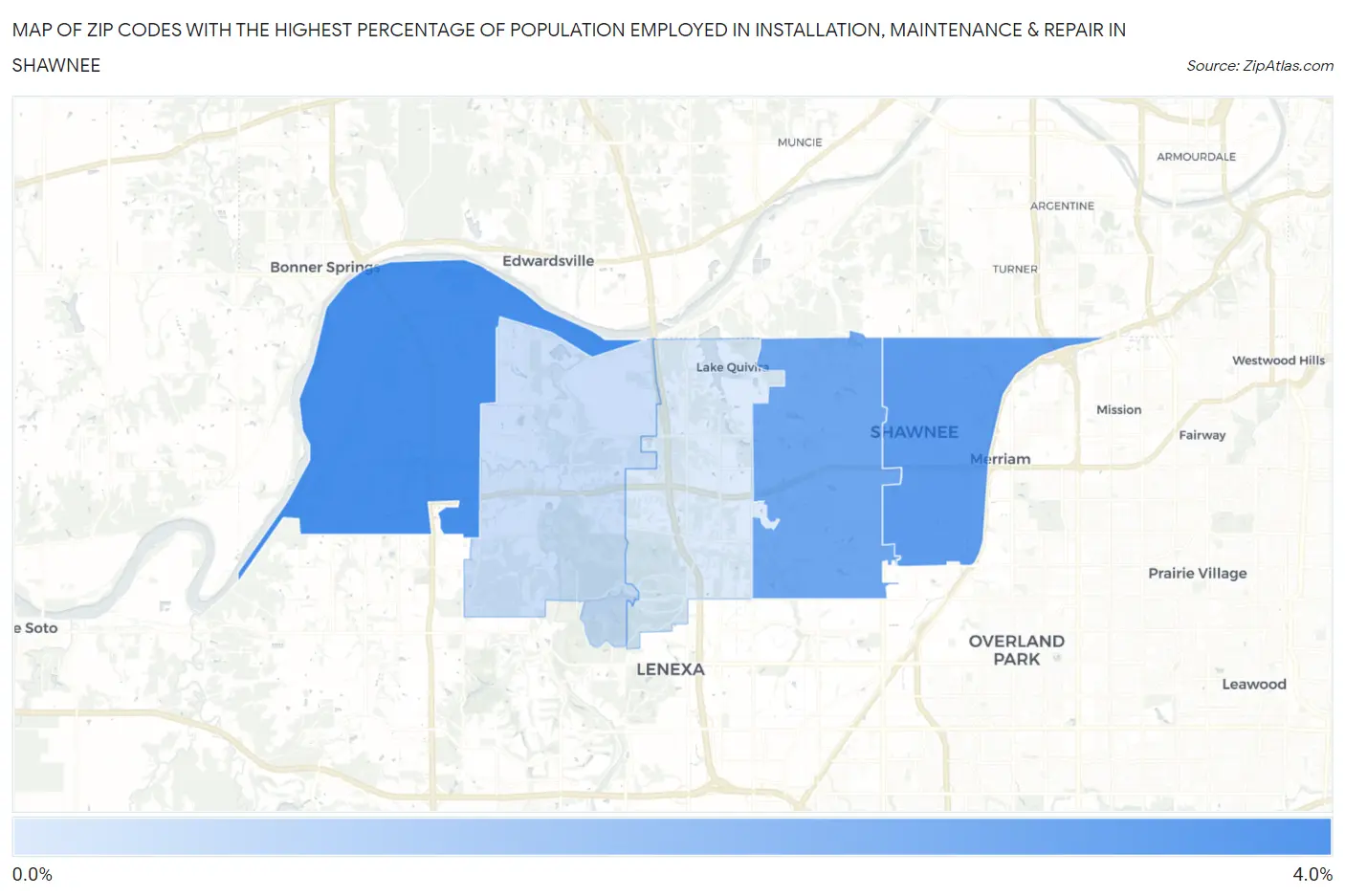 Zip Codes with the Highest Percentage of Population Employed in Installation, Maintenance & Repair in Shawnee Map