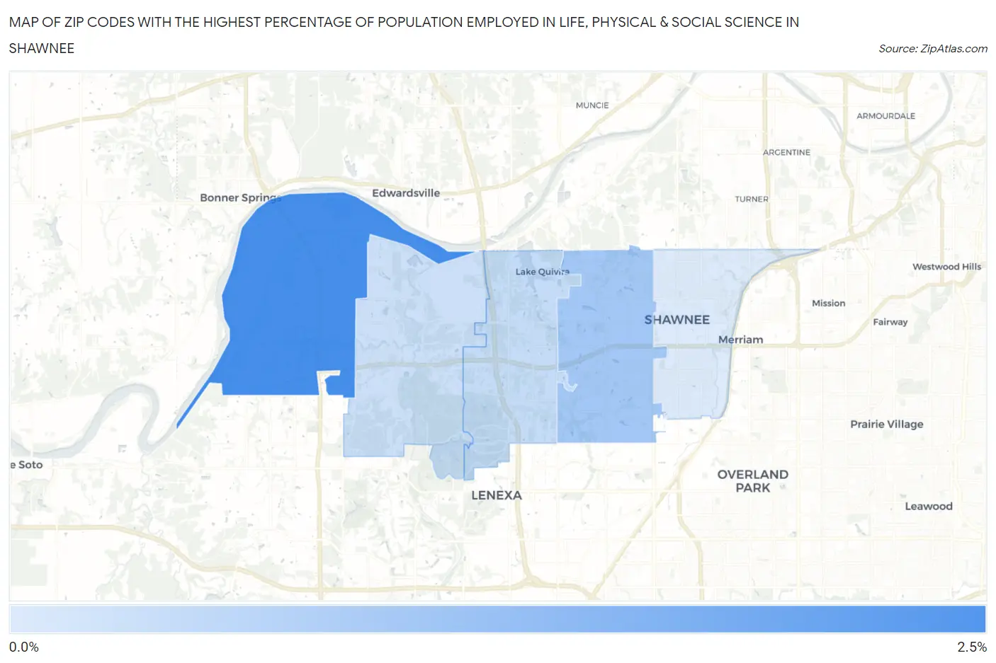 Zip Codes with the Highest Percentage of Population Employed in Life, Physical & Social Science in Shawnee Map