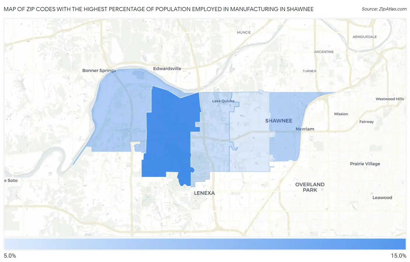 Zip Codes with the Highest Percentage of Population Employed in Manufacturing in Shawnee Map